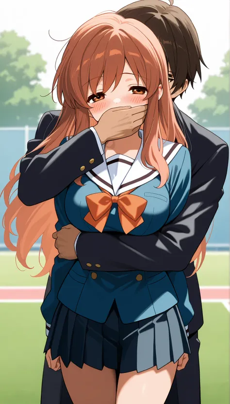 masterpiece, best quality, ultra detailed, highres, 4k, 1girl, score_7_up, score_8_up, score_9, source_anime, high res image, (mikuru asahina), long brown hair, brown eyes, depth of field, medium breasts, short stature, blush,  school yard, white sailor un...