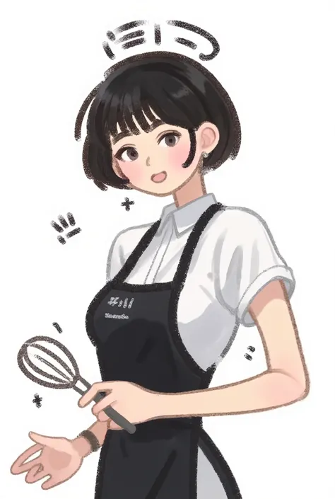 Girl with black short bob hair end to the shoulder,slim figure, wearing croptop, pretty, holding a whisk, wearing apron,  white background, standing, face infront,art logo,
