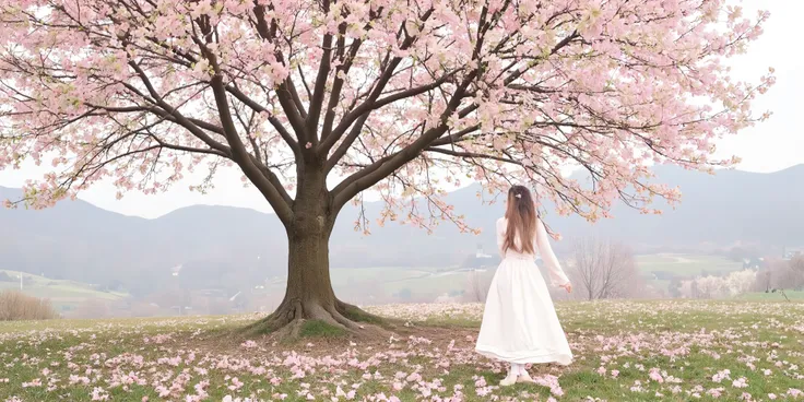 1girl, 　Photographic, 　　has lost interest in cherry blossoms、in a month。
　
On the premises I wonder if the cherry trees。

Under or near such a cherry tree、A beautiful girl from behind is standing alone。it's a lyrical spring landscape。

but、my heart doesn't...