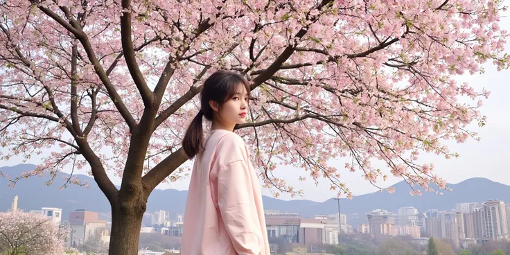 1girl, 　Photographic, 　　has lost interest in cherry blossoms、in a month。
　
On the premises I wonder if the cherry trees。

Under or near such a cherry tree、A beautiful girl from behind is standing alone。it's a lyrical spring landscape。

but、my heart doesn't...