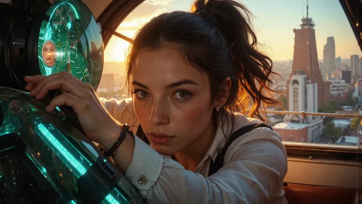 Close-up shot of a super-powered girl's intense gaze, eyes aglow with energy, as she expertly pilots her sleek light ship amidst the golden hour sky. The warm sunlight casts a radiant glow on her determined face, illuminated by the cockpit window showcasin...