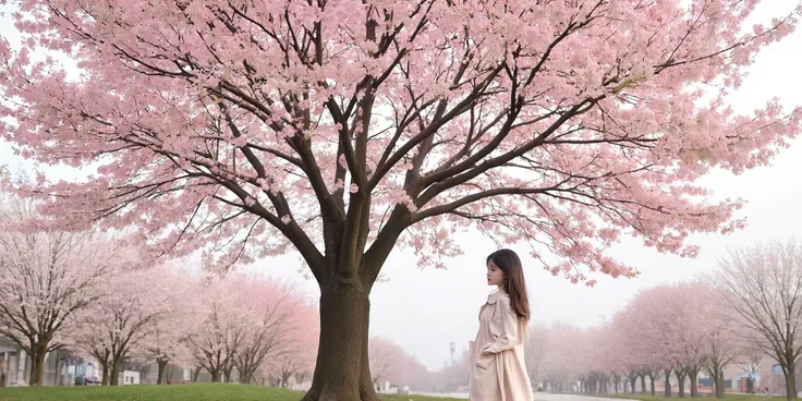 1girl, 　Photographic, 　　has lost interest in cherry blossoms、in a month。
　
On the premises I wonder if the cherry trees。

Under or near such a cherry tree、A beautiful girl from behind is standing alone。it's a lyrical spring landscape。

but、my heart doesn't...
