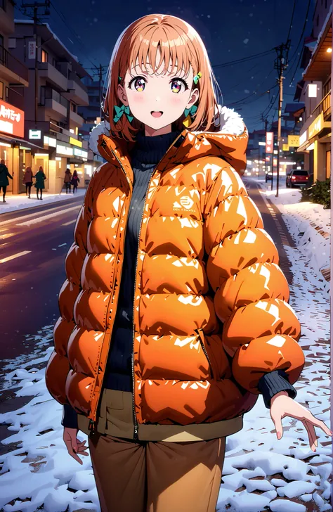 Takami Chika, short hair, Hair Ornament, Red Eyes, stupid hair, smile,blush,open your mouth,half up do,glasses,down jacket with hood,Light blue scarf,turtleneck sweater,orange skirt,boots,snow,winter, Beautiful Streetscapes,evening,is standing,full bodyがイラ...