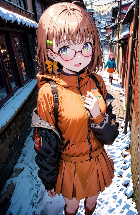Takami Chika, short hair, Hair Ornament, Red Eyes, stupid hair, smile,blush,open your mouth,half up do,glasses,down jacket with hood,Light blue scarf,turtleneck sweater,orange skirt,boots,snow,winter, Beautiful Streetscapes,evening,is standing,full bodyがイラ...