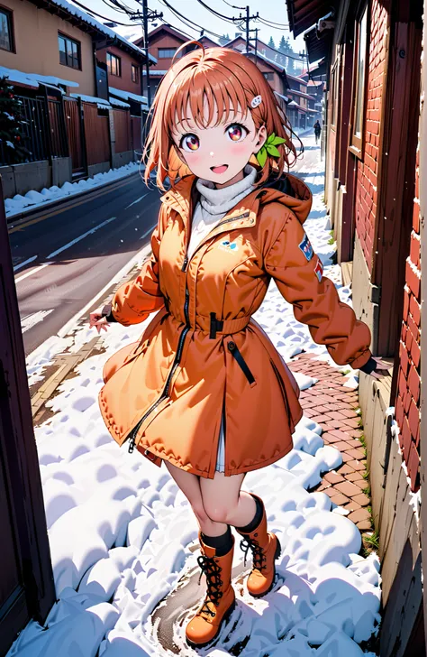 Takami Chika, short hair, Hair Ornament, Red Eyes, stupid hair, smile,blush,open your mouth,half up do,glasses,down jacket with hood,Light blue scarf,turtleneck sweater,orange skirt,boots,snow,winter, Beautiful Streetscapes,evening,is standing,full bodyがイラ...