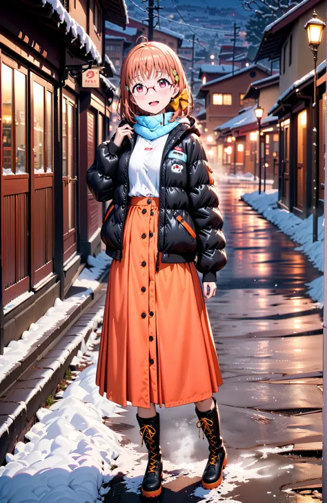 Takami Chika, short hair, Hair Ornament, Red Eyes, stupid hair, smile,blush,open your mouth,half up do,glasses,down jacket with hood,Light blue scarf,turtleneck sweater,orange skirt,boots,snow,winter, Beautiful Streetscapes,evening,is standing,full bodyがイラ...