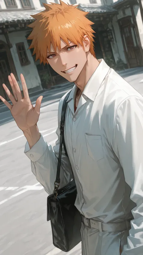 masterpiece, best quality, ultra-detailed,r17329_illu,usnr,Cute,masterpiece, best quality, ultra-detailed, 1 boy, kurosaki ichigo, solo, white formal shirt, side bag, smiling teeth, calm atmosphere, soft shadows, realistic lighting, infront of the house to...