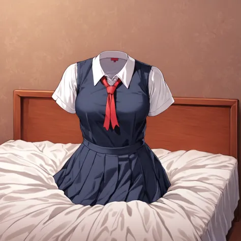 (invisible:1.5, no humans:1.5, headless:1.5, faceless:1.5), (school blouse, on bed:1.2), (unbutton), (cute big breast), detailed cloth texture, detailed anime, super fine illustration