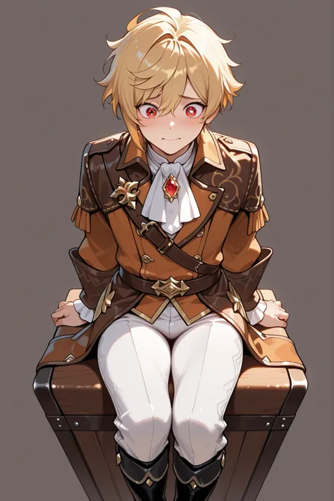 最高masterpiece,masterpiece,top quality,1 boy,short hair,red eyes, Jewel Eye.golden hair,saddle jacket,black boots, white pants , soft expression,simple background