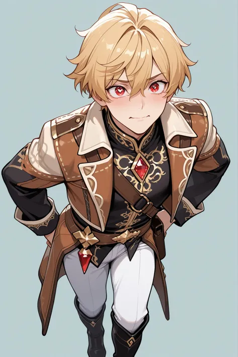 最高masterpiece,masterpiece,top quality,1 boy,short hair,red eyes, Jewel Eye.golden hair,saddle jacket,black boots, white pants , soft expression,simple background