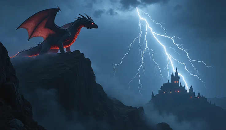 A gothic fantasy mountain landscape under a thunderous night sky. Atop a jagged cliff, a massive ancient dragon begins to awaken. Its obsidian-black scales shimmer with glowing red cracks, as if magma pulses beneath. Mist coils around its wings as they slo...