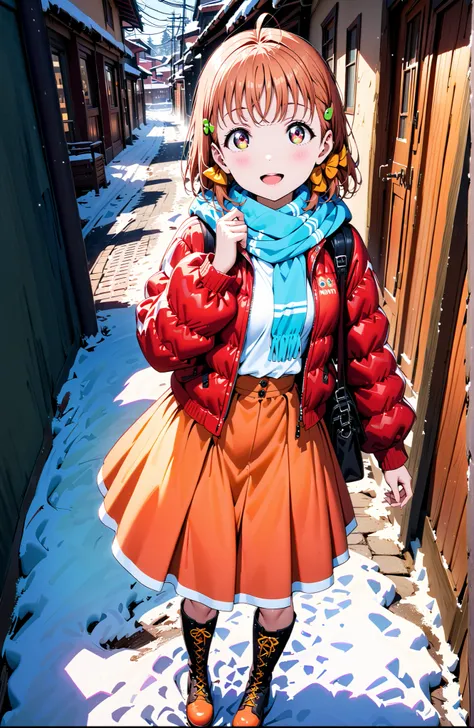 Takami Chika, short hair, Hair Ornament, Red Eyes, stupid hair, smile,blush,open your mouth,half up do,glasses,down jacket with hood,Light blue scarf,turtleneck sweater,orange skirt,boots,snow,winter, Beautiful Streetscapes,evening,is standing,full bodyがイラ...