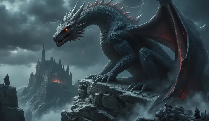 A gothic fantasy mountain landscape under a thunderous night sky. Atop a jagged cliff, a massive ancient dragon begins to awaken. Its obsidian-black scales shimmer with glowing red cracks, as if magma pulses beneath. Mist coils around its wings as they slo...