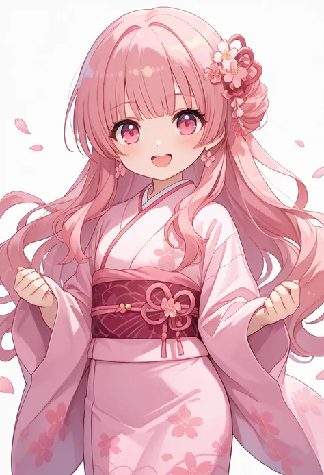 ultra-detailed,(best quality),((masterpiece)),(highres),original,extremely, 1girl, chibi-style anime illustration, long hair, bangs, hair ornament, flower ornament, happy, pink eyes, pink hair,pink yukata, cherry blossom petals, looking at viewer, Light co...
