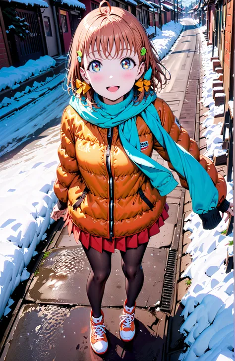 Takami Chika, short hair, Hair Ornament, Red Eyes, stupid hair, smile,blush,open your mouth,half up do,glasses,down jacket with hood,Light blue scarf,turtleneck sweater,orange skirt,Black Pantyhose,sneakers,,snow,winter, Beautiful Streetscapes,evening,is s...