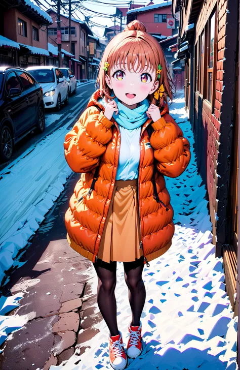 Takami Chika, short hair, Hair Ornament, Red Eyes, stupid hair, smile,blush,open your mouth,half up do,glasses,down jacket with hood,Light blue scarf,turtleneck sweater,orange skirt,Black Pantyhose,sneakers,,snow,winter, Beautiful Streetscapes,evening,is s...