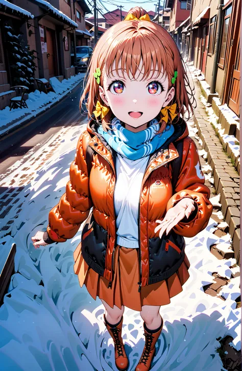 Takami Chika, short hair, Hair Ornament, Red Eyes, stupid hair, smile,blush,open your mouth,half up do,glasses,down jacket with hood,Light blue scarf,turtleneck sweater,orange skirt,boots,snow,winter, Beautiful Streetscapes,evening,is standing,full bodyがイラ...