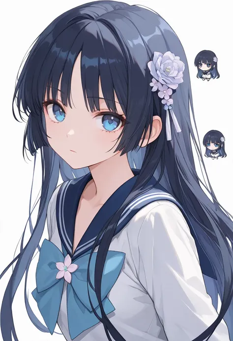 ultra-detailed,(best quality),((masterpiece)),(highres),original,extremely, 1girl, chibi-style anime illustration, long hair, bangs, hair ornament, flower ornament, expressionless, blue eyes, looking at viewer, dark blue hair, sailor suit, Light color, SD ...