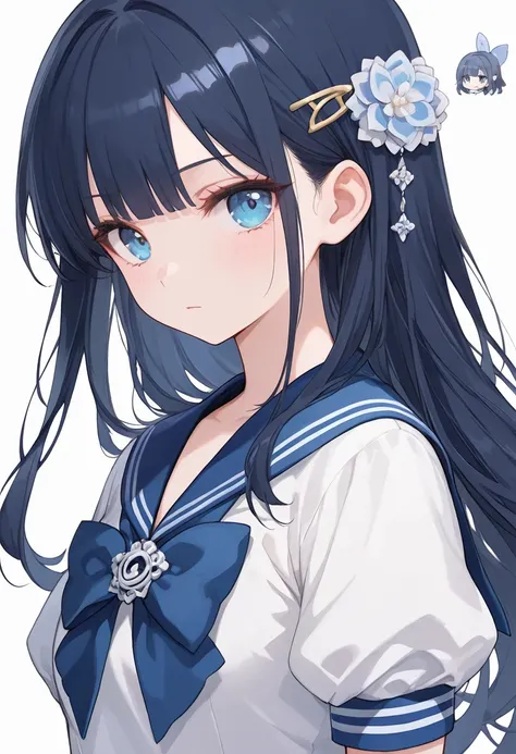ultra-detailed,(best quality),((masterpiece)),(highres),original,extremely, 1girl, chibi-style anime illustration, long hair, bangs, hair ornament, flower ornament, expressionless, blue eyes, looking at viewer, dark blue hair, sailor suit, Light color, SD ...