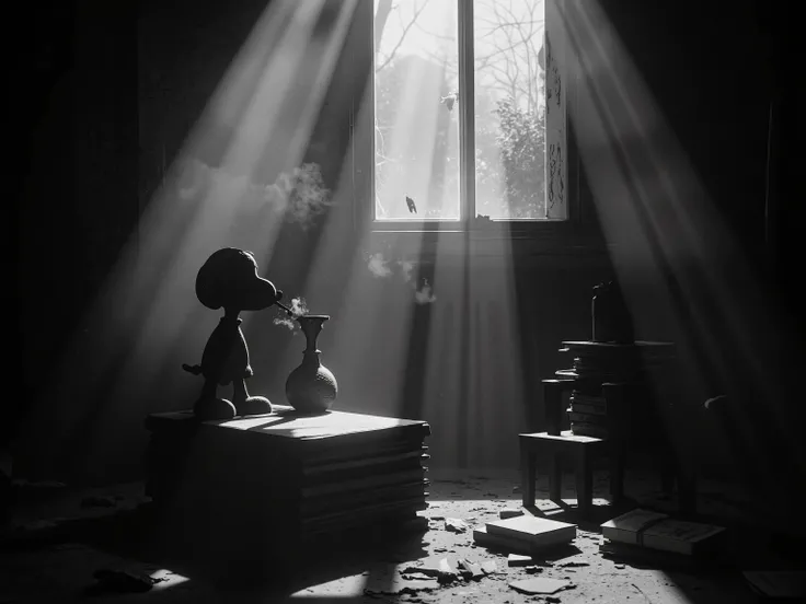 (Realistic shadows:1.3), (Snoopy smoking Silhouette an texturierter Wand:1.5), dramatische, cinematographic lighting, high-contrast black and white tones, intricate shadow details, soft natural light from window, grainy wall surface, depth of field, 8k ult...