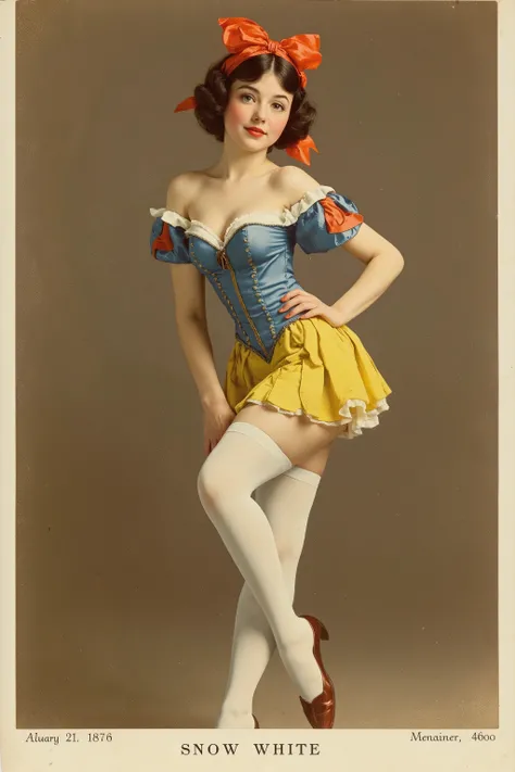 19th Century style, A full-body publicity photograph of a young prostitute, Snow White, 19th century photograph, antique photograph, sepia-toned photograph, blue bodice and yellow flared miniskirt, white tights, headband with a large red ribbon, natural sm...