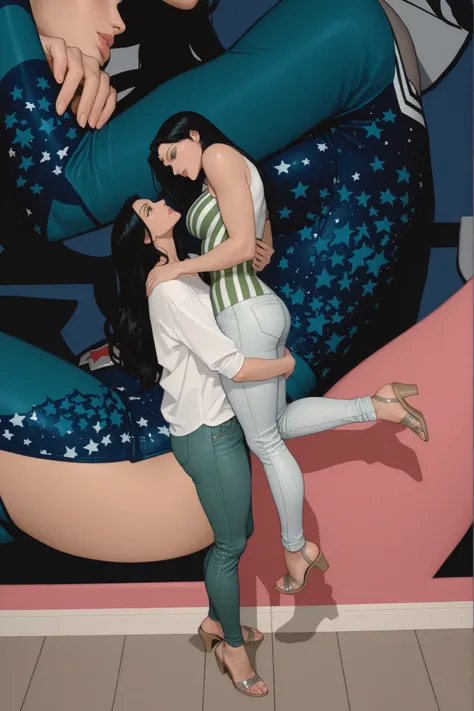 2girls, lesbian love, wonder woman on the right wearing a white jeans and  striped sleeve-less top is picked up by her girlfriend nico robin who is wearing a white shirt and olive green jeans, best quality, perfect anatomy, perfect hands, perfect face, per...