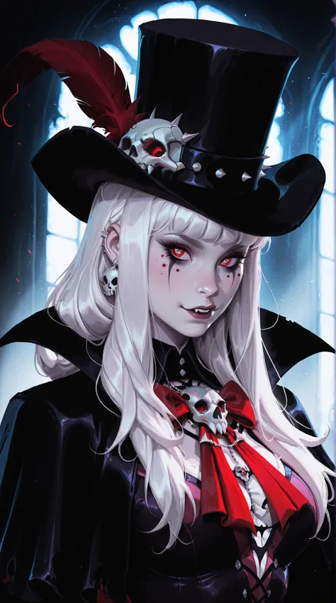 (TangoBat:0.7),(Sakimichan:0.7), 1girl,portrait of a gothic Vampire Queen, white hair styled in long curls with red bows and skull ornaments, wearing a gothic style black and pinkdress with stitch details,  skull detail, top hat with feather, pale skin, ac...
