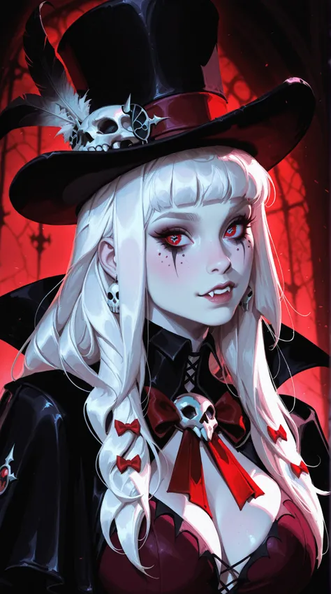 (TangoBat:0.7),(Sakimichan:0.7), 1girl,portrait of a gothic Vampire Queen, white hair styled in long curls with red bows and skull ornaments, wearing a gothic style black and pinkdress with stitch details,  skull detail, top hat with feather, pale skin, ac...