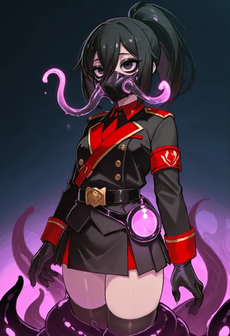 A woman in military uniform. Black hair. Hair in a ponytail. Wide eyes. Black eyeshadow. Tentacle mask. Slime monster mask. Glowing mask. Lovecraftian costume. Black costume. One monstrous hand. Tentacles. Belt. Glowing glass Kapsel on belt. Glowing tube. ...
