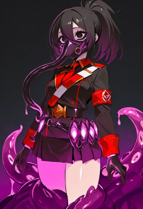 A woman in military uniform. Black hair. Hair in a ponytail. Wide eyes. Black eyeshadow. Tentacle mask. Slime monster mask. Glowing mask. Lovecraftian costume. Black costume. One monstrous hand. Tentacles. Belt. Glowing glass Kapsel on belt. Glowing tube. ...