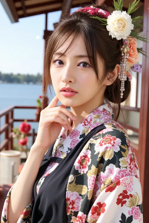 (masterpiece:1.5),beautiful hair,Beautiful Eyes,beautiful lips,Beautiful slender body, popup,(Konno Anna:1.2),(Riho Yoshioka:1.1),(in the Imperial Court:1.3),(Riverside:1.4),bust illustration from the front ,((((An Extraordinary Beauty:1.7)))),(((( kimono,...