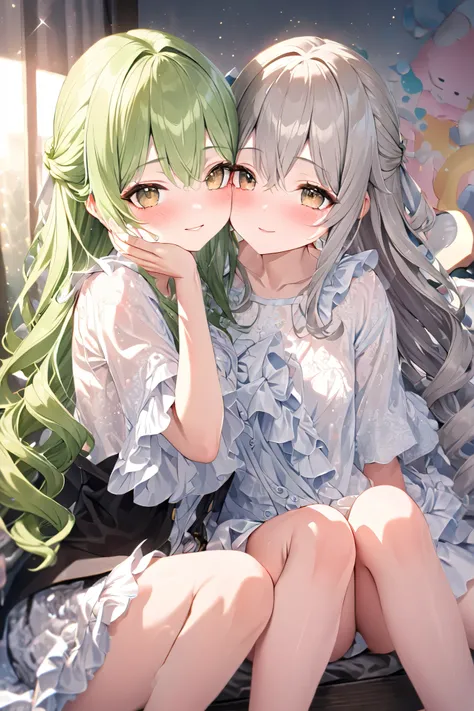 cute twin 18-year-old girl , Green medium hair, Lustful, Lustful Face, Big brown eyes, Excellent figure, twin fashion , wearing white loose ruffle clothes , Full of Tattoos, They are sitting together, snuggle up to each other 、 happily rubbing their f...
