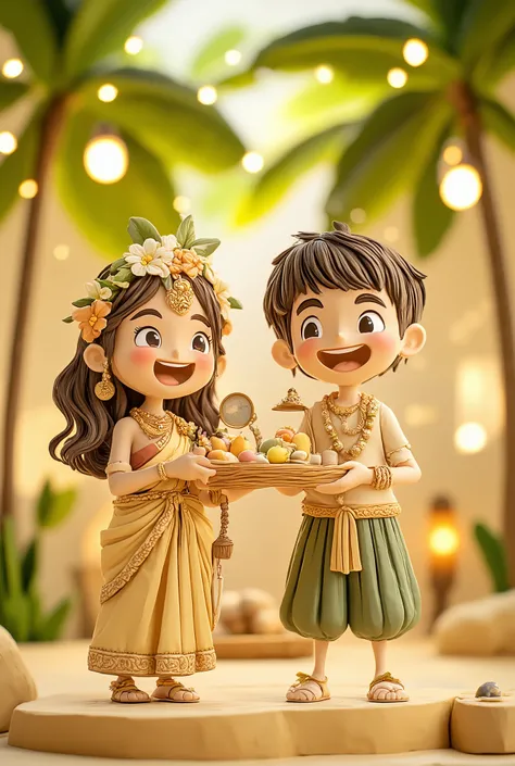 Create a vibrant cartoon-style scene featuring this character celebrating Vishu, the Kerala festival. Show traditional elements like Vishukkani arrangement (with mirror, fruits, flowers, and coins), wearing Kerala-style attire (mundu or set saree), firewor...