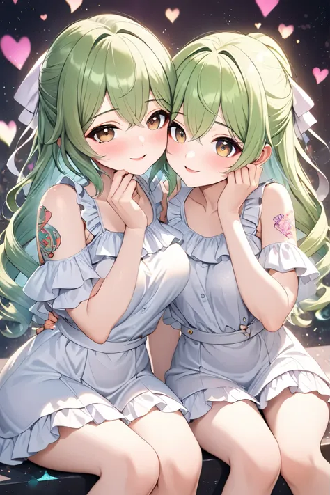 cute twin 18-year-old girl , Green medium hair, Lustful, Lustful Face, Big brown eyes, Excellent figure, twin fashion , wearing white loose ruffle clothes , Full of Tattoos, They are sitting together, snuggle up to each other 、 happily rubbing their f...