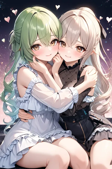 cute twin 18-year-old girl , Green medium hair, Lustful, Lustful Face, Big brown eyes, Excellent figure, twin fashion , wearing white loose ruffle clothes , Full of Tattoos, They are sitting together, snuggle up to each other 、 happily rubbing their f...