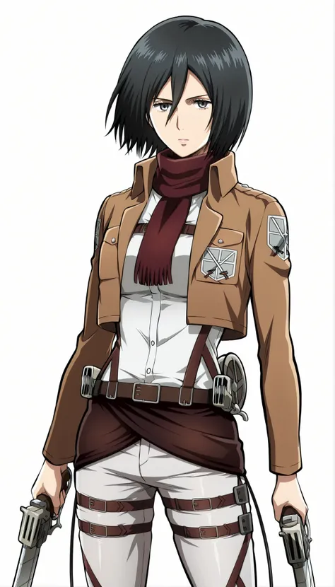mikasa ackerman, 1girl, short hair, black hair, looking at viewer, closed mouth, paradis military uniform, scarf, jacket, open jacket, shirt, belt, thigh strap, pants, training corps (emblem), , hand on hip, , dual wielding, standing, white background, sim...