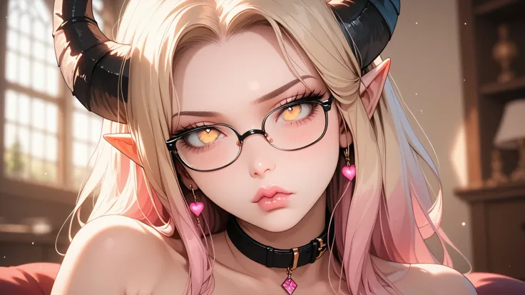  beautiful, high quality,  tiefling, tail , sadness, cute face, black big horns, yellow eyes, blonde, glasses, bedroom , blurred background, posing, realistic natural light, pink detailed lips, long lashes , good anatomy, seductive look, pink nipples, pink...