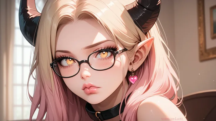  beautiful, high quality,  tiefling, tail , sadness, cute face, black big horns, yellow eyes, blonde, glasses, bedroom , blurred background, posing, realistic natural light, pink detailed lips, long lashes , good anatomy, seductive look, pink nipples, pink...