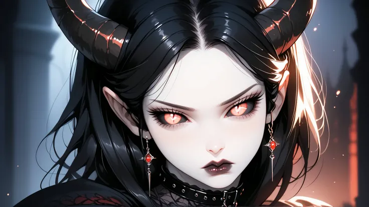  score_9, score_8_up, score_7_up, score_6_up, score_5_up, ((( beautiful, high quality))), portrait, score_9, score_8_up, score_7_up, sadness, darkness, black sclera, slit pupils,  tiefling, black curved horns, vampire eyes, pale skin, black hair, armor,  d...