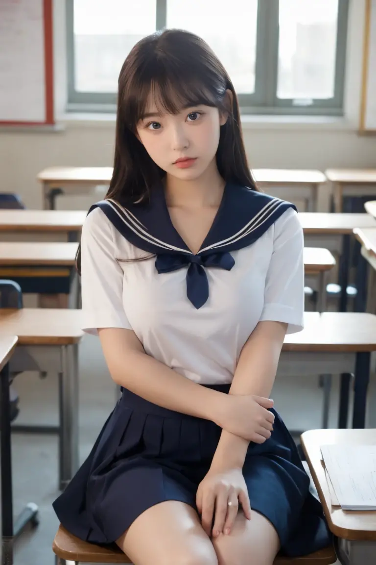 A Japanese elementary school classroom with wooden desks and chairs shows a female student sitting at her desk while wearing a pink brassiere and a navy blue school uniform skirt. Other empty wooden desks and chairs are visible in rows throughout the classroom. Traditional classroom elements including a green chalkboard, educational posters, and windows with white curtains line the beige walls. Natural light streams in through the windows, illuminating the classroom's linoleum floor and student desks. Documentary-style photography with natural window lighting and sharp focus on classroom interior details.