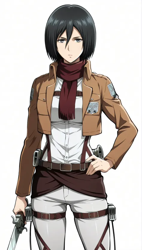 mikasa ackerman, 1girl, short hair, black hair, looking at viewer, closed mouth, paradis military uniform, scarf, jacket, open jacket, shirt, belt, thigh strap, pants, soft thighs , hand on hip, , dual wielding, standing, white background, simple backgroun...
