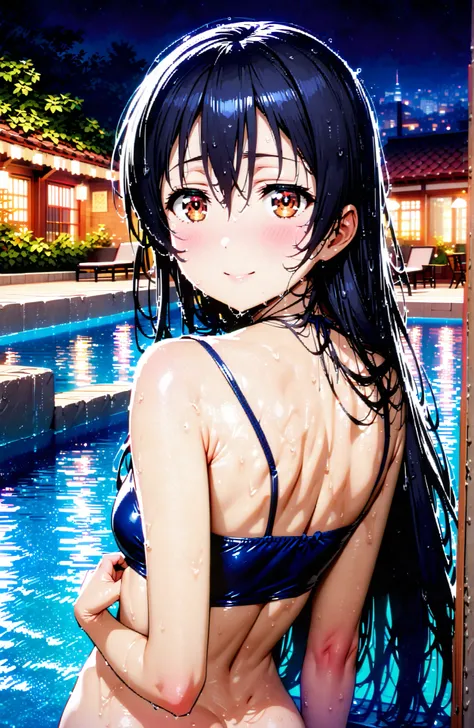  Sonoda Umi  , long hair, bungs, hair between eyes, brown eyes in the oral vagina, blue hair, small ,Blue bikini swimsuit , back of the anus,is turning around after changing clothes,Bare legs,wet hair,wet skin,wet hair,Submersion,night, Beautiful Streetsca...