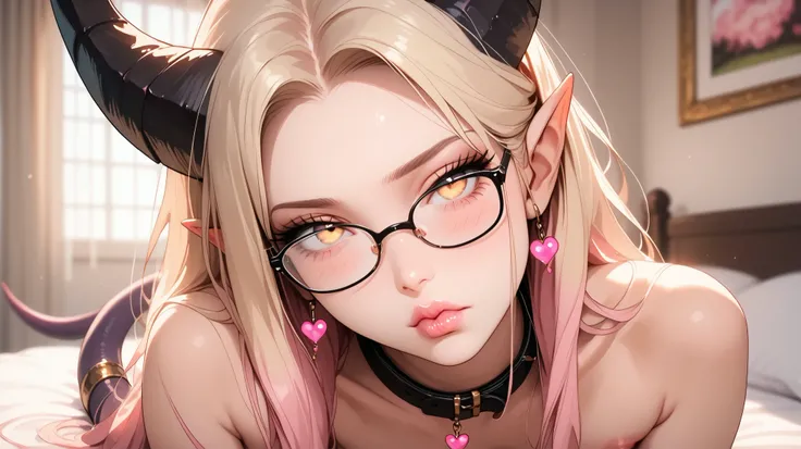  beautiful, high quality,  tiefling, tail , sadness, cute face, black big horns, yellow eyes, blonde, glasses, bedroom , blurred background, posing, realistic natural light, pink detailed lips, long lashes , good anatomy, seductive look, pink nipples, pink...
