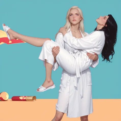 generate a semi-realistic style image, 2girls, in love, supergirl wearing a white bathrobe is carrying wonder woman who is also wearing a white bathrobe, princess carry, deeply in love, lesbian couple,  break,  perfect anatomy, best quality, perfect eyes, ...