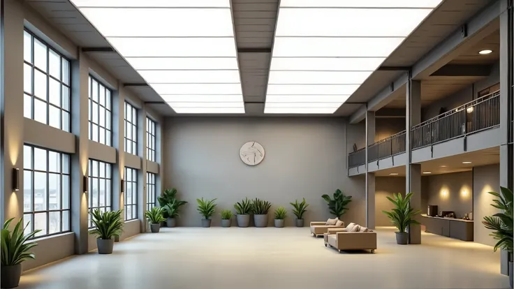 Interior of a modern industrial building with large windows , metal beams , and a mezzanine level , featuring a variety of plants , seating areas , and decorative elements