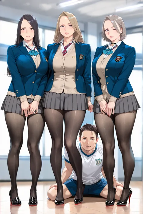 score_9, score_8-up, score_seven up, score_, scoreS, score_4-up, tag1, tag 2, top quality, 8k, masterpiece, super high accuracy , perfect anatomy, full twinkle, Beautiful Eyes, (Three Tall 女性 and your side 1 cute boy), (black pantyhose that stand out for l...
