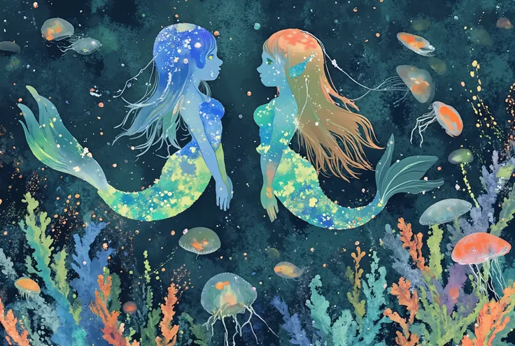 (masterpiece:1.2,top quality, super high definition ,Super Detail,best illustration),Pisces that rise in the dark of the deep sea”,(countless luminescence fish shine like stars、depicts beautiful mermaid silhouettes),'Mermaids swim gracefully、The hair and t...