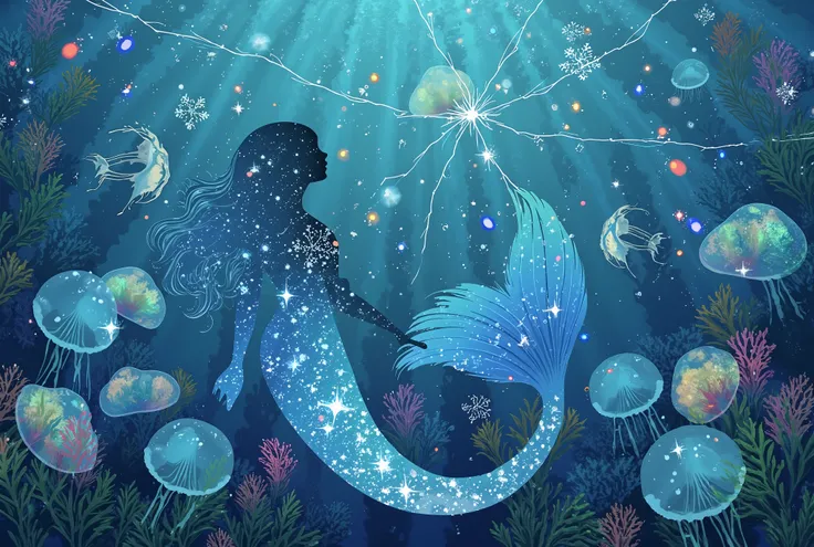 (masterpiece:1.2,top quality, super high definition ,Super Detail,best illustration),Pisces that rise in the dark of the deep sea”,(countless luminescence fish shine like stars、depicts beautiful mermaid silhouettes:1.6),(Mermaids swim gracefully、The hair a...