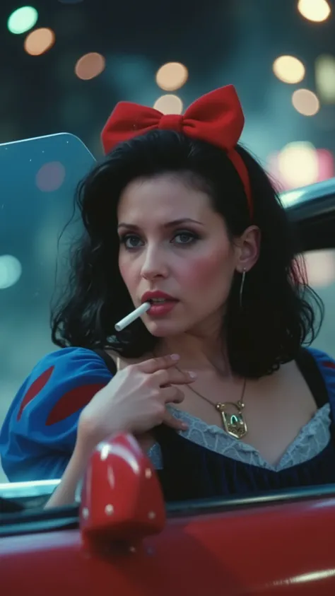 close up,snow White,portrait, WITH RED BOW,sitting in a red convertible sports car, with a cigarette in his mouth ,Wearing a blue top,One hand is outside,delicate makeup,Turn your head ,look at viewer,The background is a blurry dark city street,is dotted w...