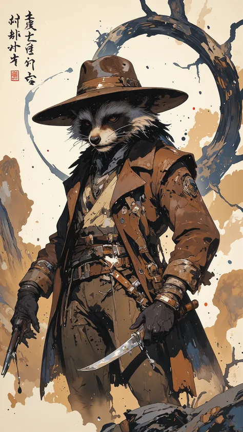 (The raccoon is showing his back and Fully facing backwards ),(raccoon ,Western Gunman,vintage),(aura:1. Hi 3) ,ArsMJStyle、(Zen ink wash painting)、ランダムなシチュエーション, ArsMJStyle、(Zen ink wash painting)